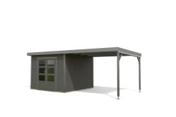 Karibu Hybrid Gartenhaus PLUTO 6 B terragrau / Metall graualuminium 28 mm mit Anbaudach 3 m 570 x 270 cm