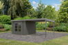 Karibu Hybrid Gartenhaus PLUTO 6 B terragrau / Metall graualuminium 28 mm mit Anbaudach 3 m 570 x 270 cm