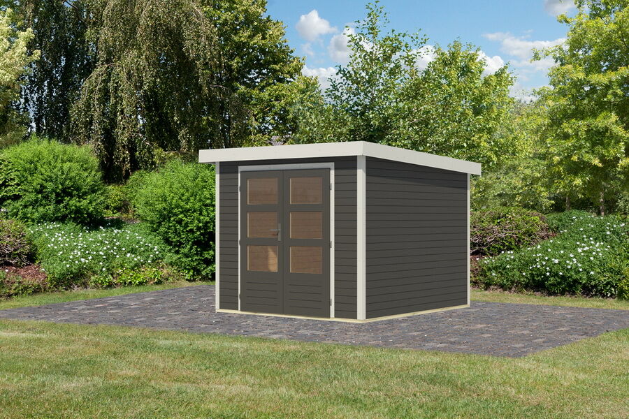Karibu Hybrid Gartenhaus JUPITER 3,5 A terragrau / Metall weiß 19 mm 238 x 242 cm