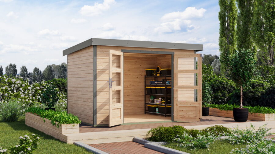 Karibu Hybrid Gartenhaus JUPITER 4 A naturbelassen / Metall graualuminium 19 mm 298 x 213 cm
