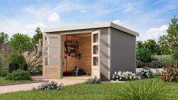 Karibu Hybrid Gartenhaus JUPITER 5 D wassergrau / Metall weiß 19 mm 298 x 242 cm