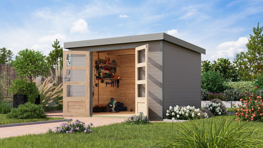 Karibu Hybrid Gartenhaus JUPITER 5 D wassergrau / Metall grauluminium 19 mm 298 x 242 cm