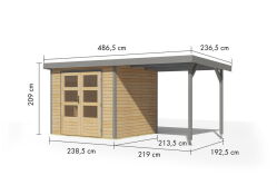 Karibu Hybrid Gartenhaus JUPITER 3 A naturbelassen / Metall graualuminium 19 mm mit Anbaudach 2,35 m - 457 x 213 cm
