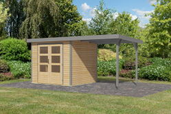 Karibu Hybrid Gartenhaus JUPITER 3 A naturbelassen / Metall graualuminium 19 mm mit Anbaudach 2,35 m - 457 x 213 cm