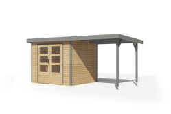 Karibu Hybrid Gartenhaus JUPITER 3 A naturbelassen / Metall graualuminium 19 mm mit Anbaudach 2,35 m - 457 x 213 cm