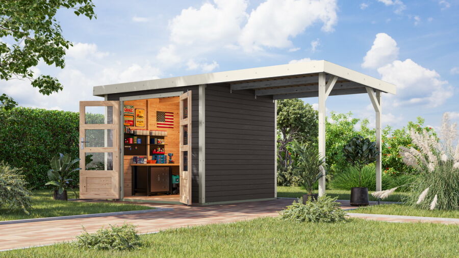 Karibu Hybrid Gartenhaus JUPITER 3 B terragrau / Metall graualuminium 19 mm mit Anbaudach 2,35 m - 457 x 213 cm