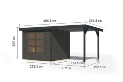Karibu Hybrid Gartenhaus JUPITER 3 B terragrau / Metall anthrazit 19 mm mit Anbaudach 2,35 m - 457 x 213 cm