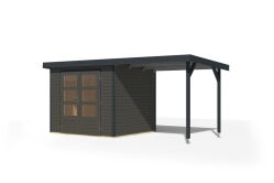 Karibu Hybrid Gartenhaus JUPITER 3 B terragrau / Metall anthrazit 19 mm mit Anbaudach 2,35 m - 457 x 213 cm