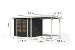 Karibu Hybrid Gartenhaus JUPITER 3 C anthrazit / Metall weiß 19 mm mit Anbaudach 2,35 m - 457 x 213 cm