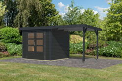 Karibu Hybrid Gartenhaus JUPITER 3 C anthrazit / Metall anthrazit 19 mm mit Anbaudach 2,35 m - 457 x 213 cm
