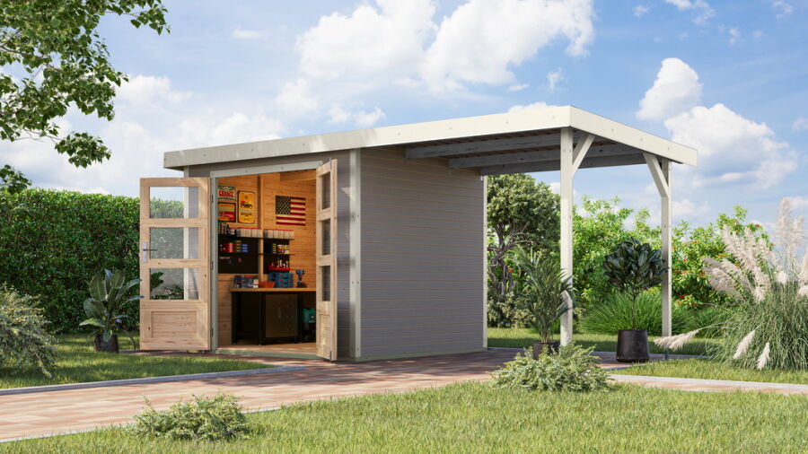 Karibu Hybrid Gartenhaus JUPITER 3 D wassergrau / Metall graualuminium 19 mm mit Anbaudach 2,35 m - 457 x 213 cm