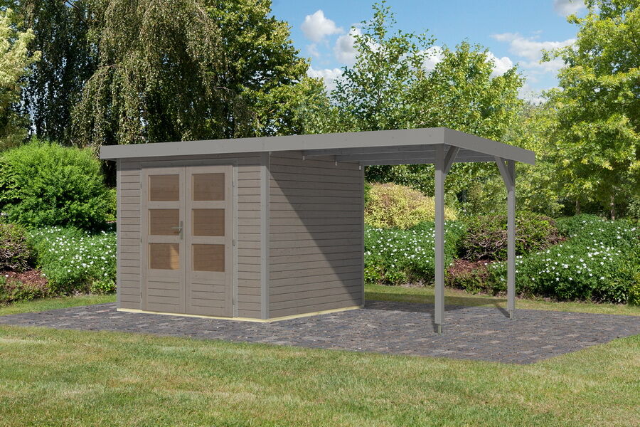 Karibu Hybrid Gartenhaus JUPITER 3 D wassergrau / Metall graualuminium 19 mm mit Anbaudach 2,35 m - 457 x 213 cm