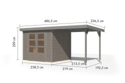 Karibu Hybrid Gartenhaus JUPITER 3 D wassergrau / Metall graualuminium 19 mm mit Anbaudach 2,35 m - 457 x 213 cm