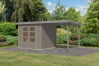 Karibu Hybrid Gartenhaus JUPITER 3 D wassergrau / Metall graualuminium 19 mm mit Anbaudach 2,35 m - 457 x 213 cm