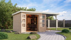Karibu Hybrid Gartenhaus JUPITER 3,5 A naturbelassen / Metall weiß 19 mm mit Anbaudach 2,35 m - 457 x 242 cm