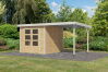 Karibu Hybrid Gartenhaus JUPITER 3,5 A naturbelassen / Metall weiß 19 mm mit Anbaudach 2,35 m - 457 x 242 cm