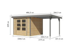 Karibu Hybrid Gartenhaus JUPITER 3,5 A naturbelassen / Metall graualuminium 19 mm mit Anbaudach 2,35 m - 457 x 242 cm