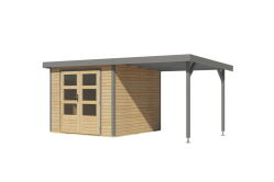 Karibu Hybrid Gartenhaus JUPITER 3,5 A naturbelassen / Metall graualuminium 19 mm mit Anbaudach 2,35 m - 457 x 242 cm