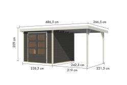 Karibu Hybrid Gartenhaus JUPITER 3,5 B terragrau / Metall weiß 19 mm mit Anbaudach 2,35 m - 457 x 242 cm