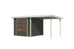 Karibu Hybrid Gartenhaus JUPITER 3,5 B terragrau / Metall weiß 19 mm mit Anbaudach 2,35 m - 457 x 242 cm