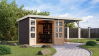 Karibu Hybrid Gartenhaus JUPITER 3,5 B terragrau / Metall weiß 19 mm mit Anbaudach 2,35 m - 457 x 242 cm
