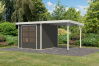 Karibu Hybrid Gartenhaus JUPITER 3,5 B terragrau / Metall weiß 19 mm mit Anbaudach 2,35 m - 457 x 242 cm