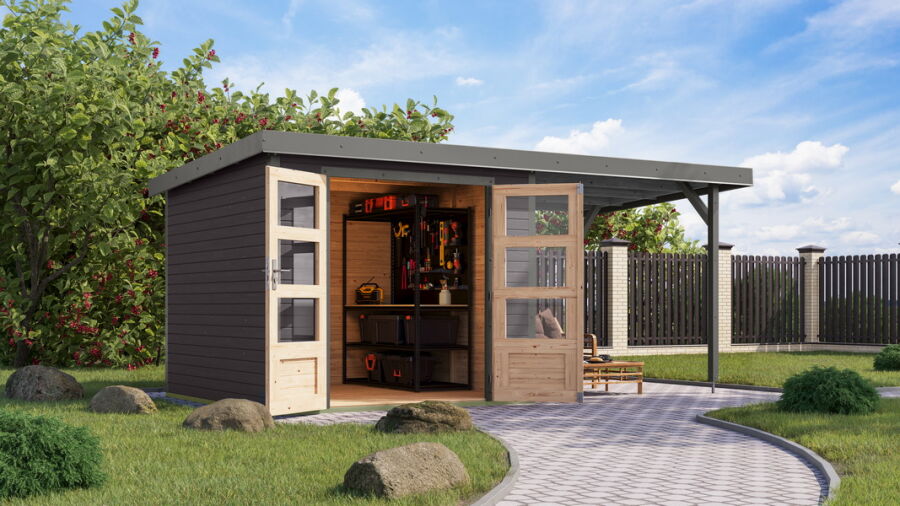 Karibu Hybrid Gartenhaus JUPITER 3,5 B terragrau / Metall graualuminium 19 mm mit Anbaudach 2,35 m - 457 x 242 cm