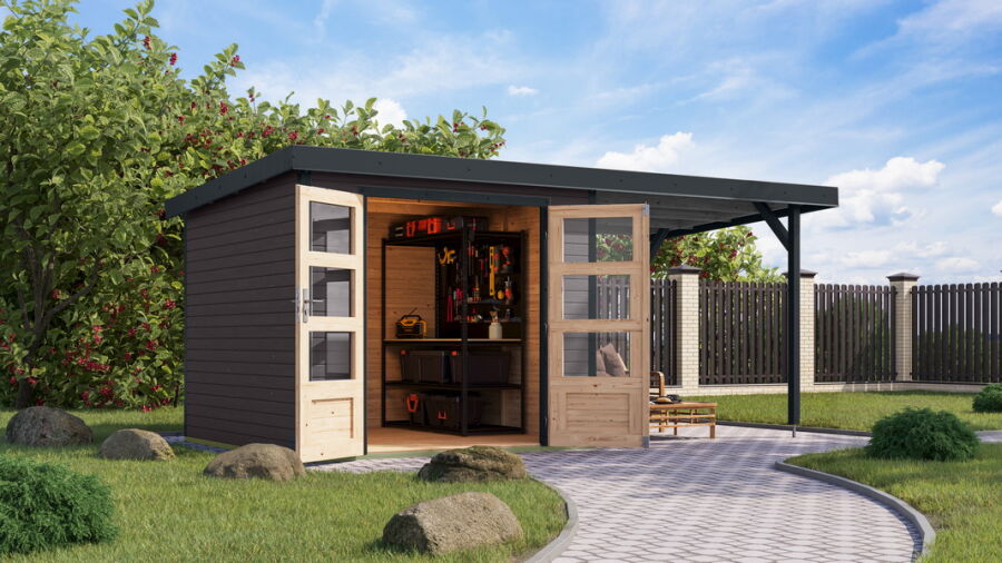 Karibu Hybrid Gartenhaus JUPITER 3,5 B terragrau / Metall anthrazit 19 mm mit Anbaudach 2,35 m - 457 x 242 cm