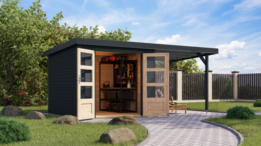 Karibu Hybrid Gartenhaus JUPITER 3,5 C anthrazit / Metall anthrazit 19 mm mit Anbaudach 2,35 m - 457 x 242 cm