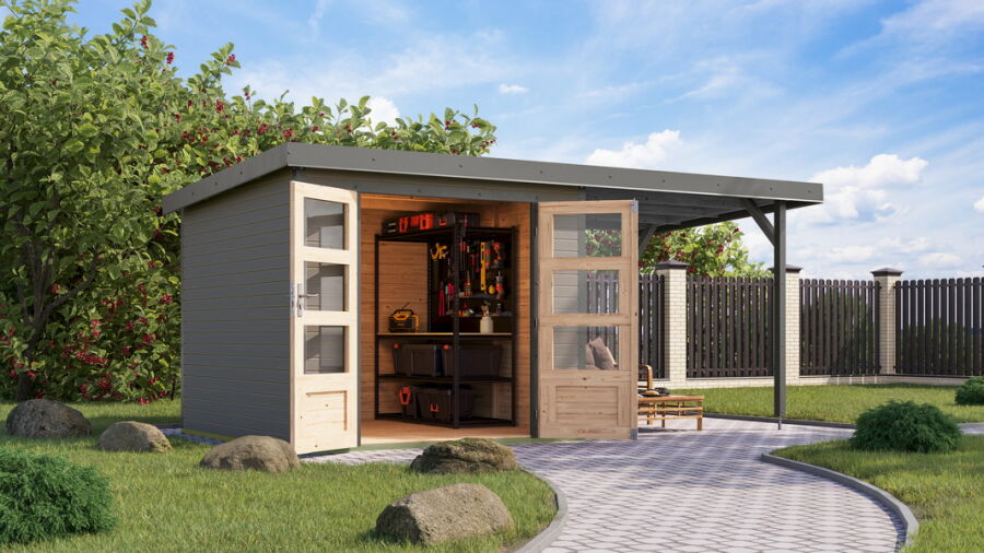 Karibu Hybrid Gartenhaus JUPITER 3,5 C wassergrau / Metall graualuminium 19 mm mit Anbaudach 2,35 m - 457 x 242 cm