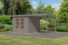 Karibu Hybrid Gartenhaus JUPITER 3,5 C wassergrau / Metall graualuminium 19 mm mit Anbaudach 2,35 m - 457 x 242 cm