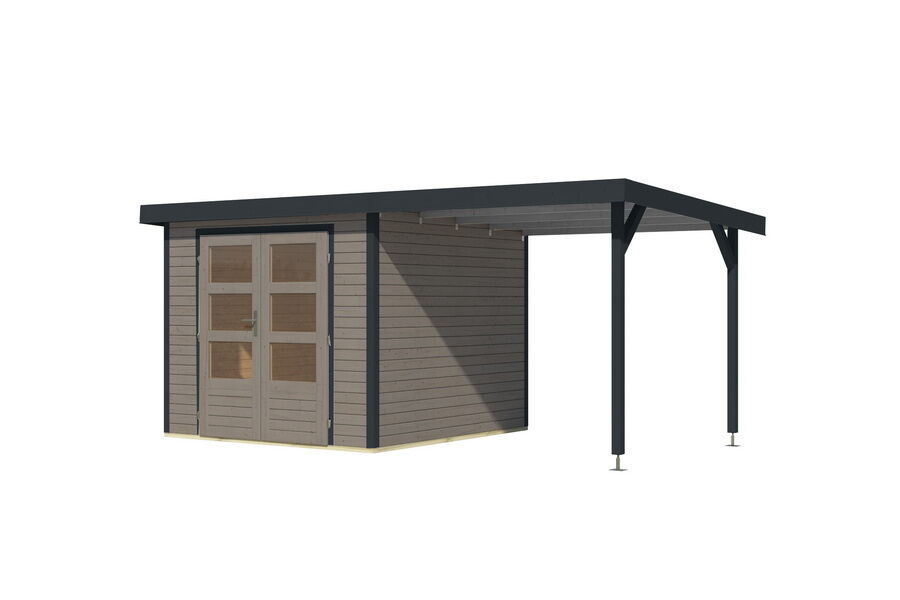 Karibu Hybrid Gartenhaus JUPITER 3,5 C wassergrau / Metall anthrazit 19 mm mit Anbaudach 2,35 m - 457 x 242 cm
