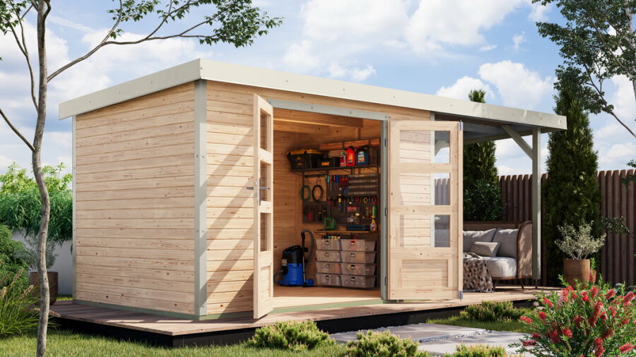 Karibu Hybrid Gartenhaus JUPITER 4 A naturbelassen / Metall graualuminium 19 mm mit Anbaudach 2,35 m - 517 x 213 cm