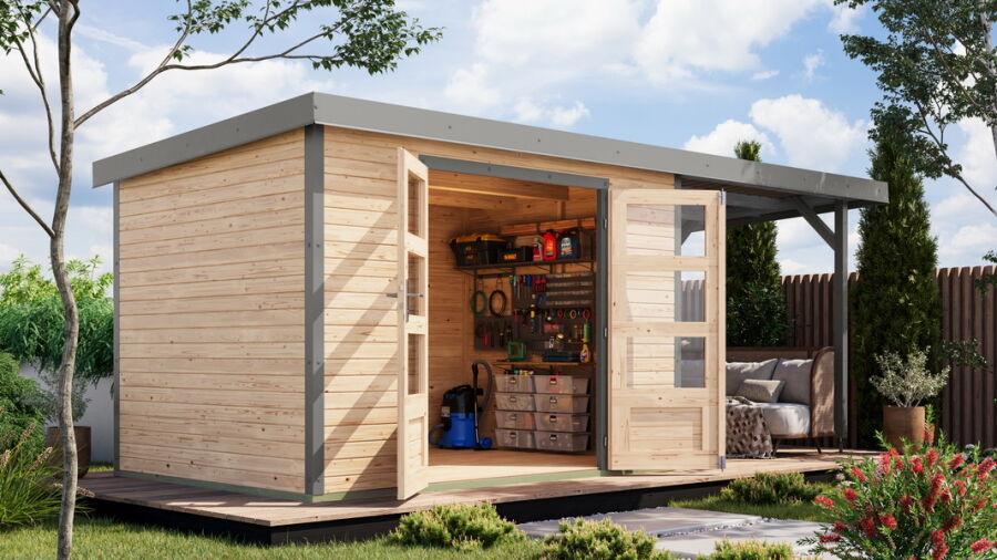 Karibu Hybrid Gartenhaus JUPITER 4 A naturbelassen / Metall graualuminium 19 mm mit Anbaudach 2,35 m - 517 x 213 cm