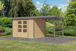 Karibu Hybrid Gartenhaus JUPITER 4 A naturbelassen / Metall graualuminium 19 mm mit Anbaudach 2,35 m - 517 x 213 cm