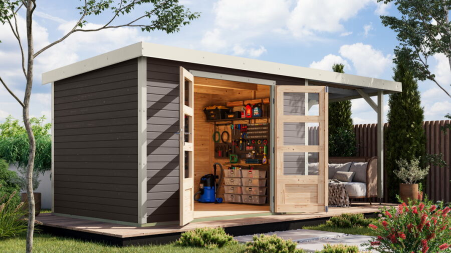 Karibu Hybrid Gartenhaus JUPITER 4 B terragrau / Metall weiß 19 mm mit Anbaudach 2,35 m - 517 x 213 cm