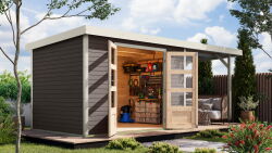 Karibu Hybrid Gartenhaus JUPITER 4 B terragrau / Metall weiß 19 mm mit Anbaudach 2,35 m - 517 x 213 cm