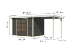 Karibu Hybrid Gartenhaus JUPITER 4 B terragrau / Metall weiß 19 mm mit Anbaudach 2,35 m - 517 x 213 cm