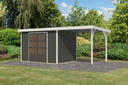 Karibu Hybrid Gartenhaus JUPITER 4 B terragrau / Metall weiß 19 mm mit Anbaudach 2,35 m - 517 x 213 cm
