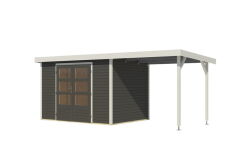 Karibu Hybrid Gartenhaus JUPITER 4 B terragrau / Metall weiß 19 mm mit Anbaudach 2,35 m - 517 x 213 cm