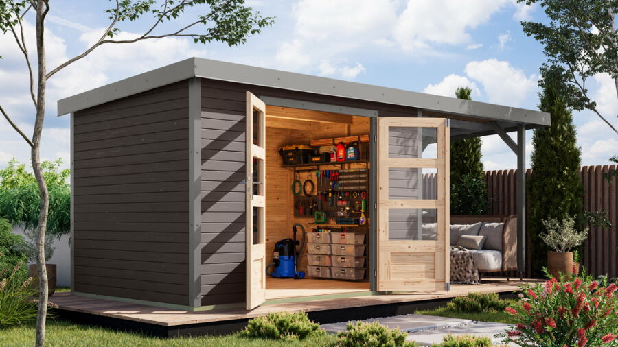 Karibu Hybrid Gartenhaus JUPITER 4 B terragrau / Metall graualuminium 19 mm mit Anbaudach 2,35 m - 517 x 213 cm