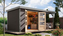 Karibu Hybrid Gartenhaus JUPITER 4 B terragrau / Metall graualuminium 19 mm mit Anbaudach 2,35 m - 517 x 213 cm