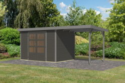 Karibu Hybrid Gartenhaus JUPITER 4 B terragrau / Metall graualuminium 19 mm mit Anbaudach 2,35 m - 517 x 213 cm