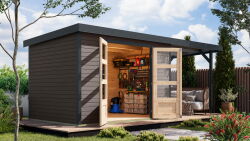Karibu Hybrid Gartenhaus JUPITER 4 B terragrau / Metall anthrazit 19 mm mit Anbaudach 2,35 m - 517 x 213 cm
