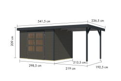 Karibu Hybrid Gartenhaus JUPITER 4 B terragrau / Metall anthrazit 19 mm mit Anbaudach 2,35 m - 517 x 213 cm