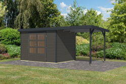 Karibu Hybrid Gartenhaus JUPITER 4 B terragrau / Metall anthrazit 19 mm mit Anbaudach 2,35 m - 517 x 213 cm