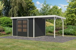 Karibu Hybrid Gartenhaus JUPITER 4 C anthrazit / Metall weiß 19 mm mit Anbaudach 2,35 m - 517 x 213 cm