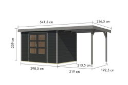 Karibu Hybrid Gartenhaus JUPITER 4 C anthrazit / Metall graualuminium 19 mm mit Anbaudach 2,35 m - 517 x 213 cm