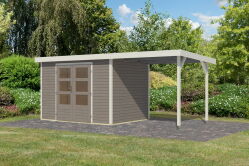 Karibu Hybrid Gartenhaus JUPITER 4 D wasserrgau / Metall weiß 19 mm mit Anbaudach 2,35 m - 517 x 213 cm