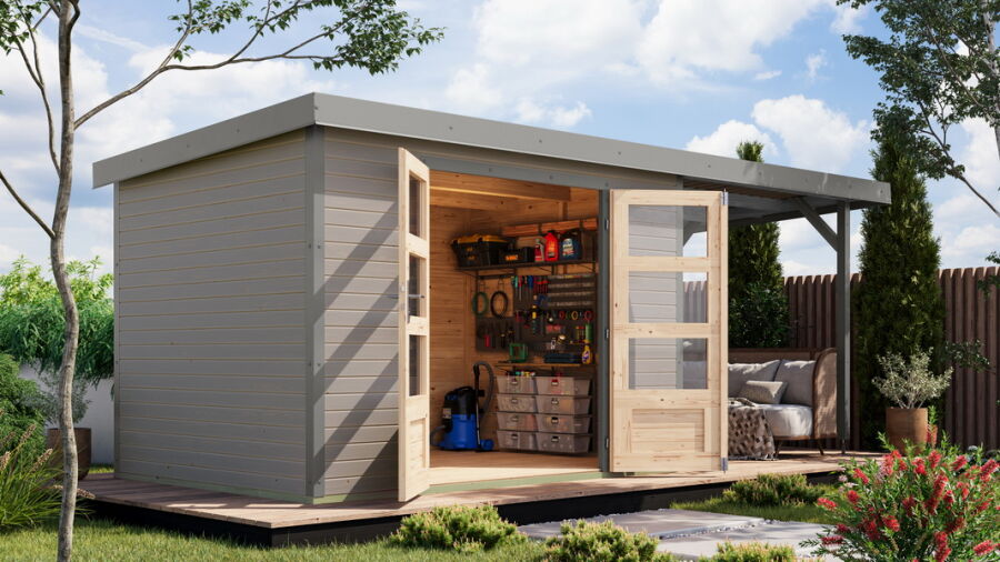 Karibu Hybrid Gartenhaus JUPITER 4 D wasserrgau / Metall graualuminium 19 mm mit Anbaudach 2,35 m - 517 x 213 cm